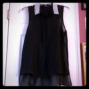 Sheer Black Button Up Tank Top with Pearl Collar